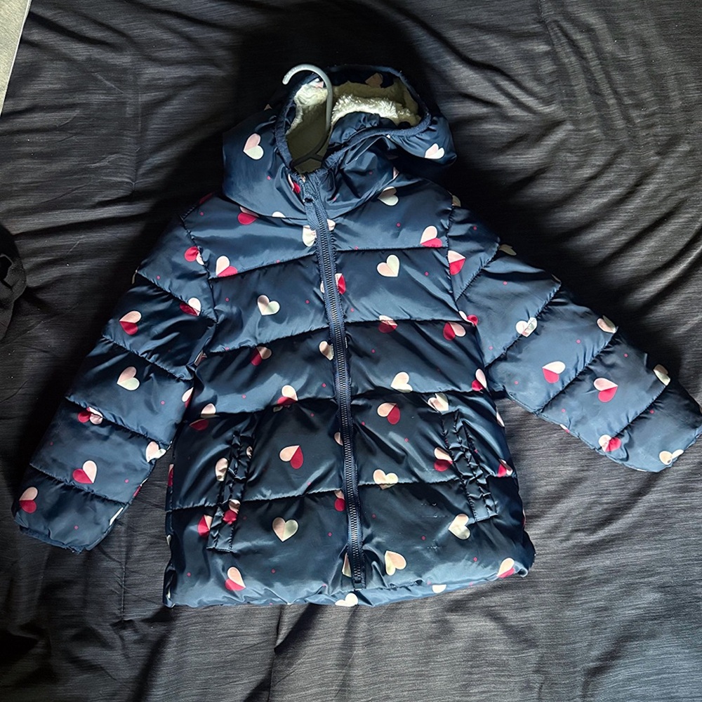 Girl’s Heart Pattern Puffer Jacket - Navy